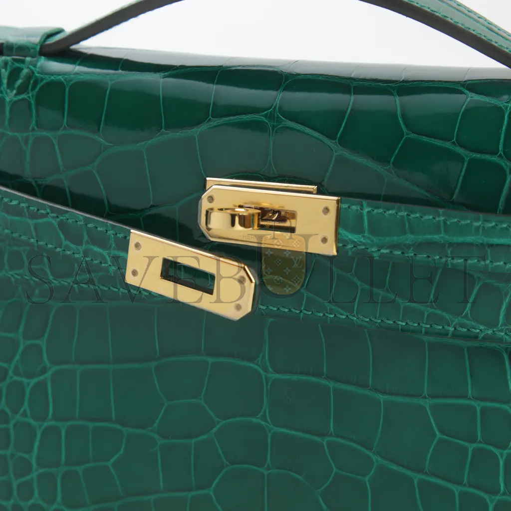 H**mes master kelly pochette vert emeraude crocodile leather gold buckle (22*14*7cm)